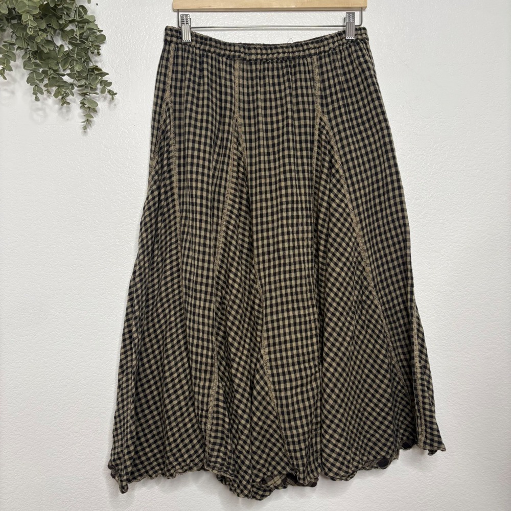 Reversible Gingham Plaid Maxi Skirt Black Tan Elastic Waist Boho - Picture 2 of 7
